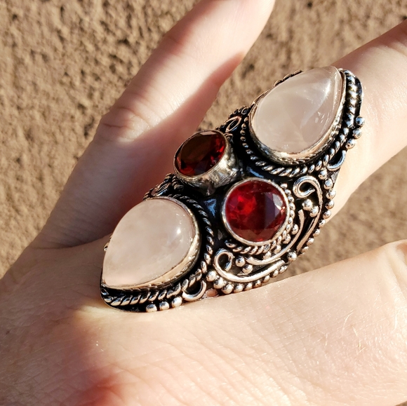New Rose Quartz and Garnet 925 Silver Statement Ring. - Picture 13 of 15